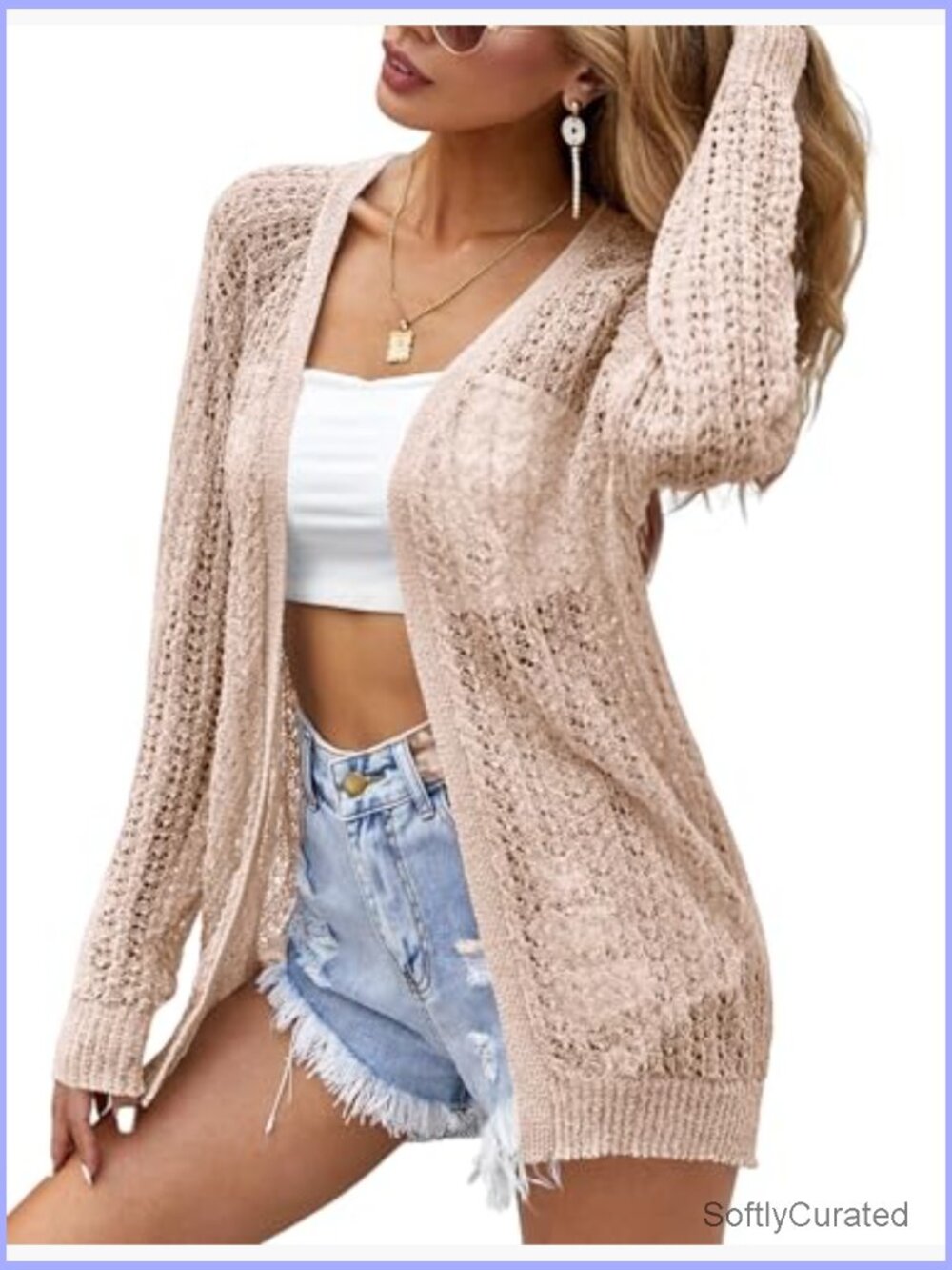 Crochet Lightweight Open Front Cardigan Long Sleeve Summer Cover Up - Picture 2 of 7